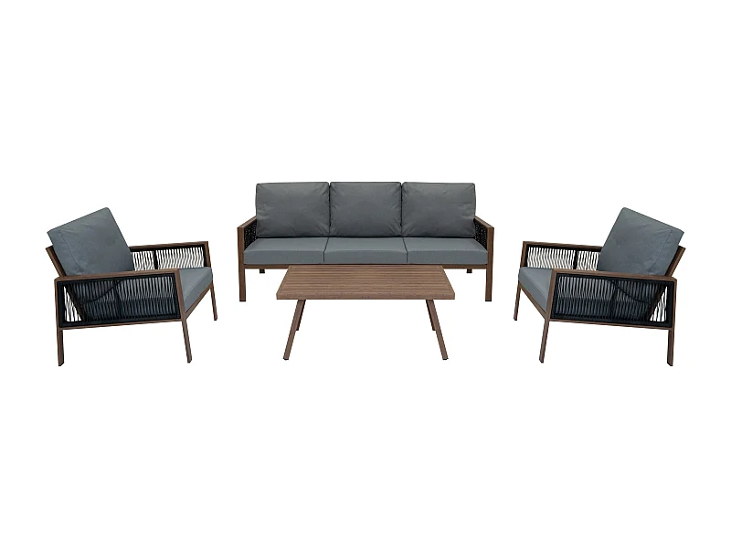 Garten Aluminium 5-Sitzer Möbelset Holzoptik 4-teilig Outdoor Terrasse Lounge Essbereich 3-Sitzer Sofa 2 Sessel Couchtisch Polster Waschbare Bezüge Regenabdeckung