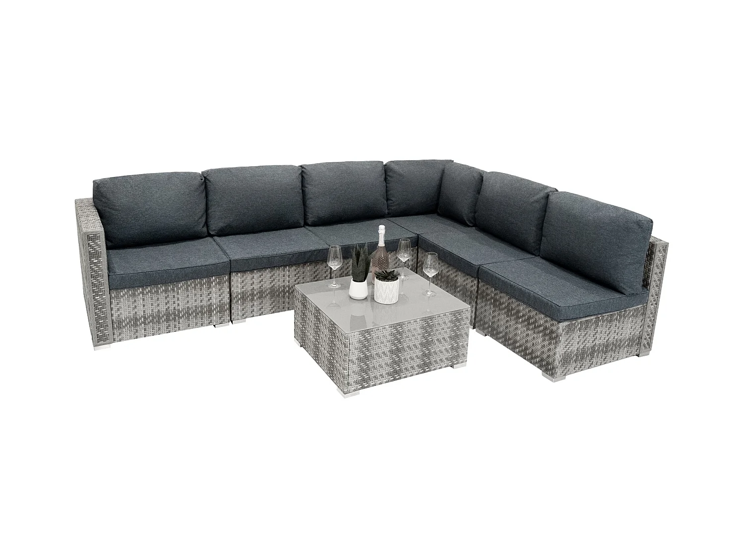 Salon de Jardin Modulaire en Rotin Gris 7 Pièces Canapé Coussins Table Basse