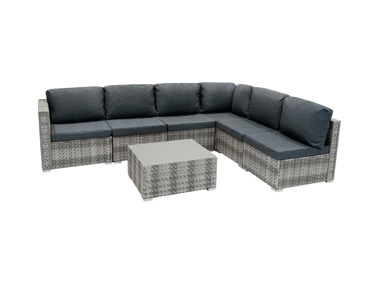 Salon de Jardin Modulaire en Rotin Gris 7 Pièces Canapé Coussins Table Basse