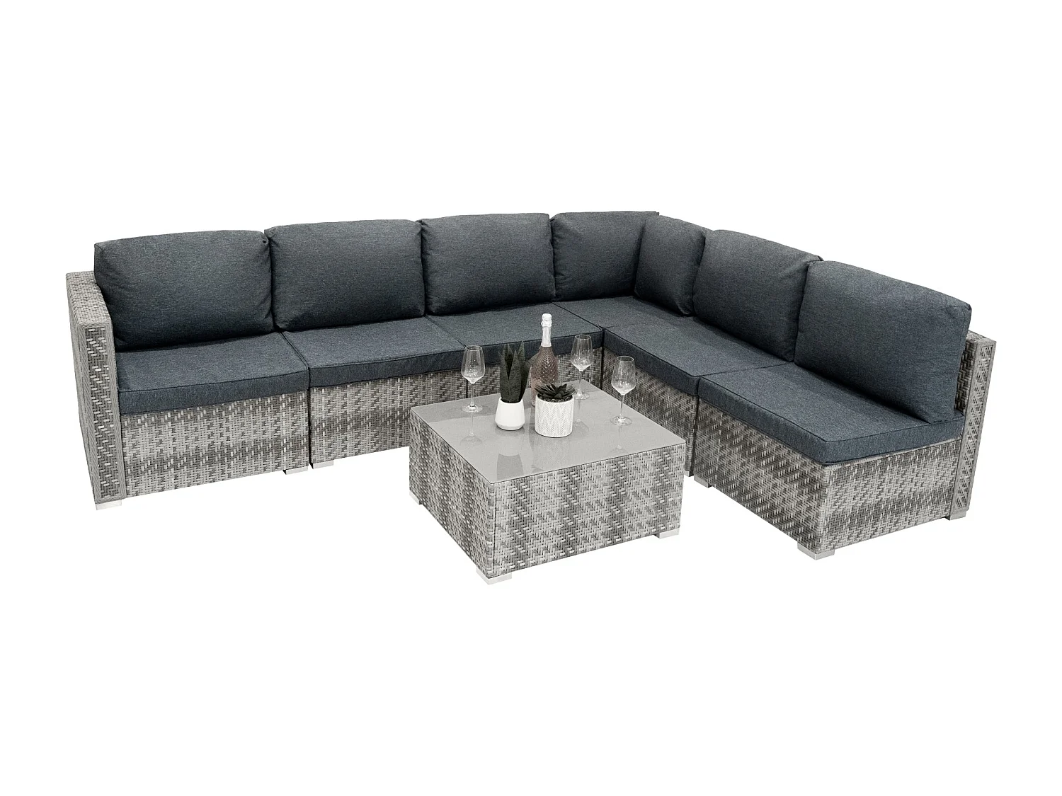 Salon de Jardin Modulaire en Rotin Gris 7 Pièces Canapé Coussins Table Basse