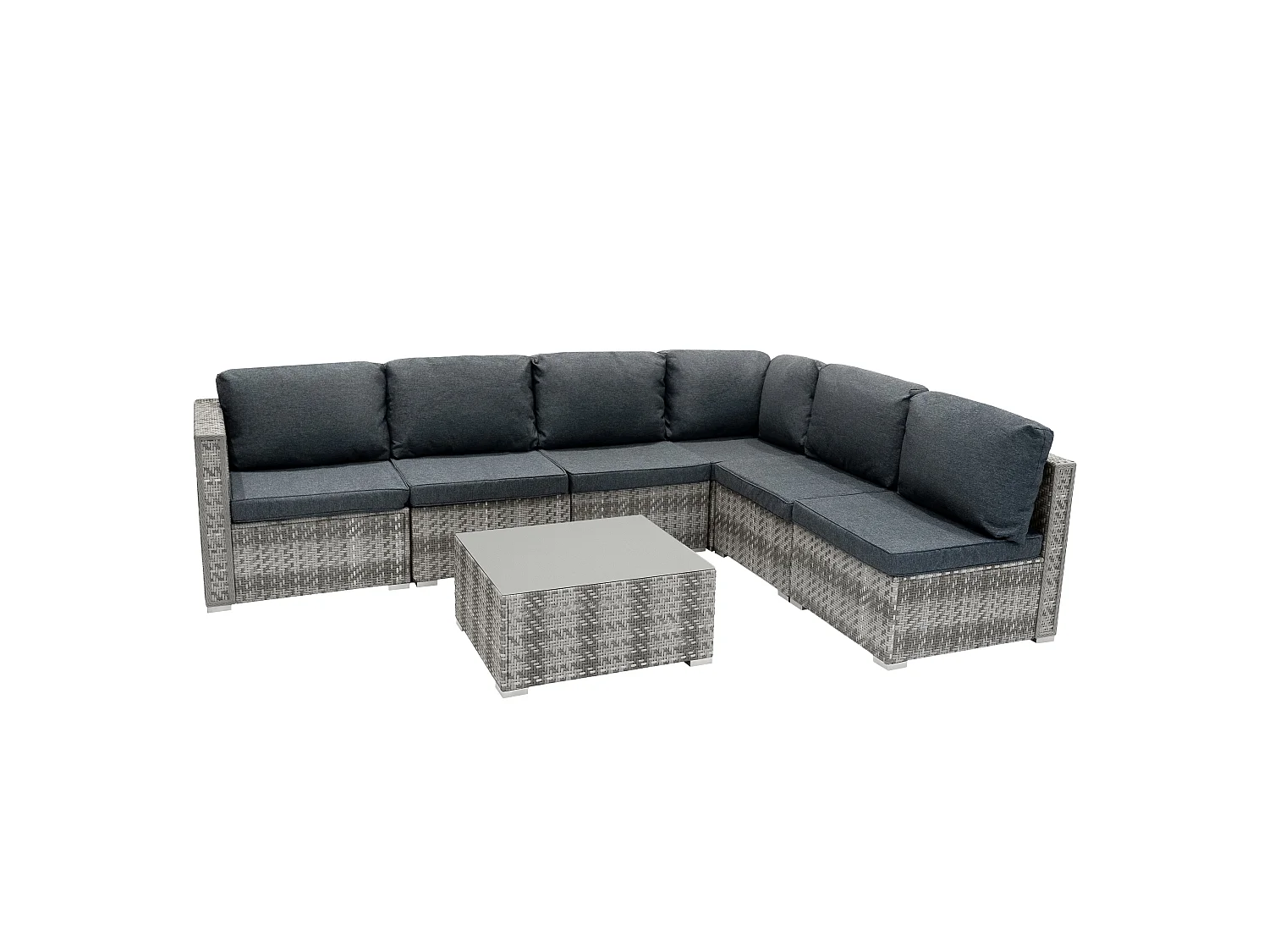 Salon de Jardin Modulaire en Rotin Gris 7 Pièces Canapé Coussins Table Basse