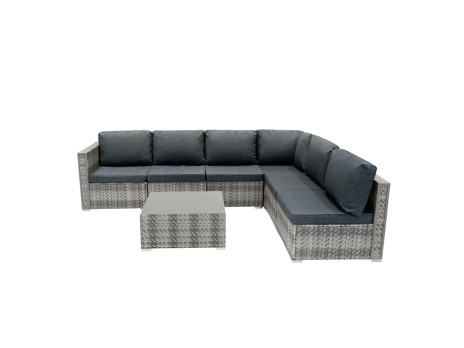 Salon de Jardin Modulaire en Rotin Gris 7 Pièces Canapé Coussins Table Basse