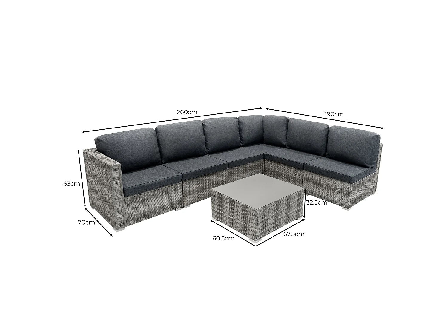 Salon de Jardin Modulaire en Rotin Gris 7 Pièces Canapé Coussins Table Basse