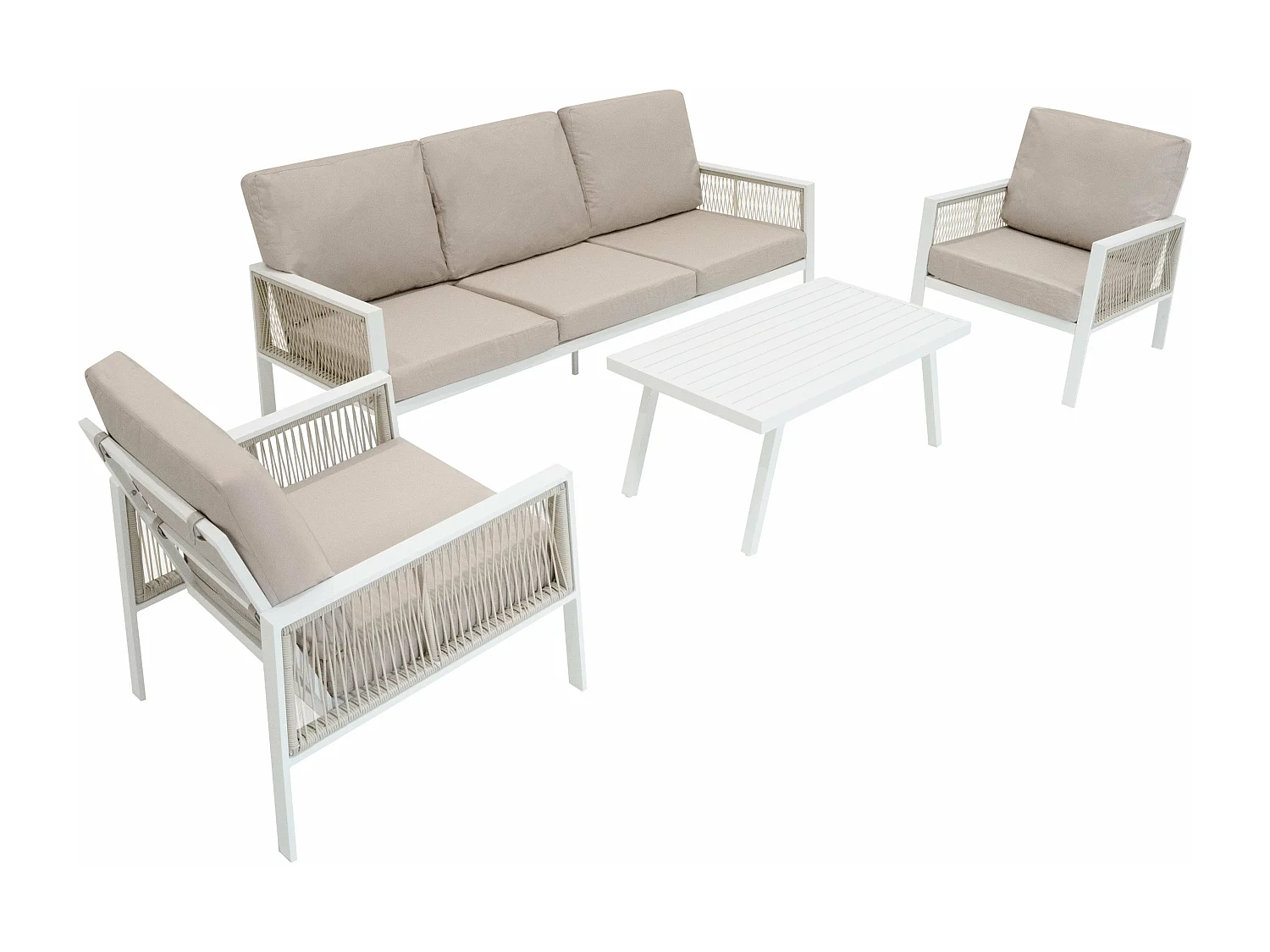 Ensemble de Jardin En Aluminium Blanc 4 Pièces Salon de 3 Places Extérieur Modulaire Fauteuils Table Basse (Housse de Pluie INCLUS)