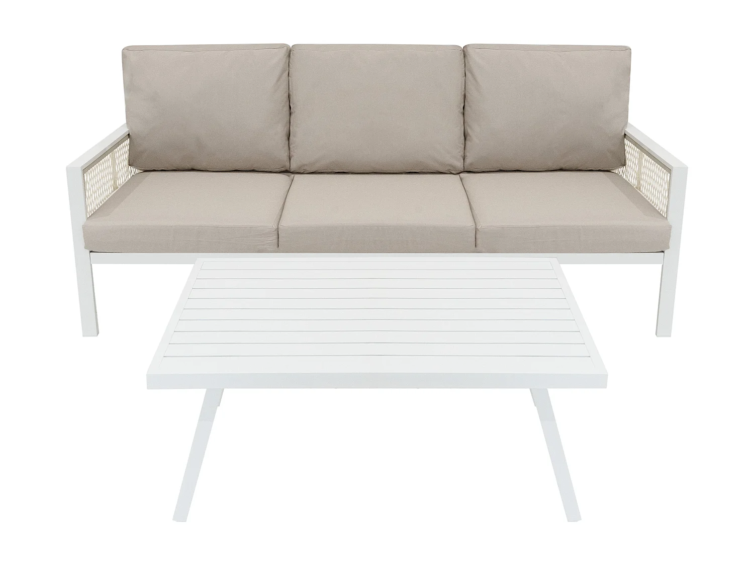 Ensemble de Jardin En Aluminium Blanc 4 Pièces Salon de 3 Places Extérieur Modulaire Fauteuils Table Basse (Housse de Pluie INCLUS)