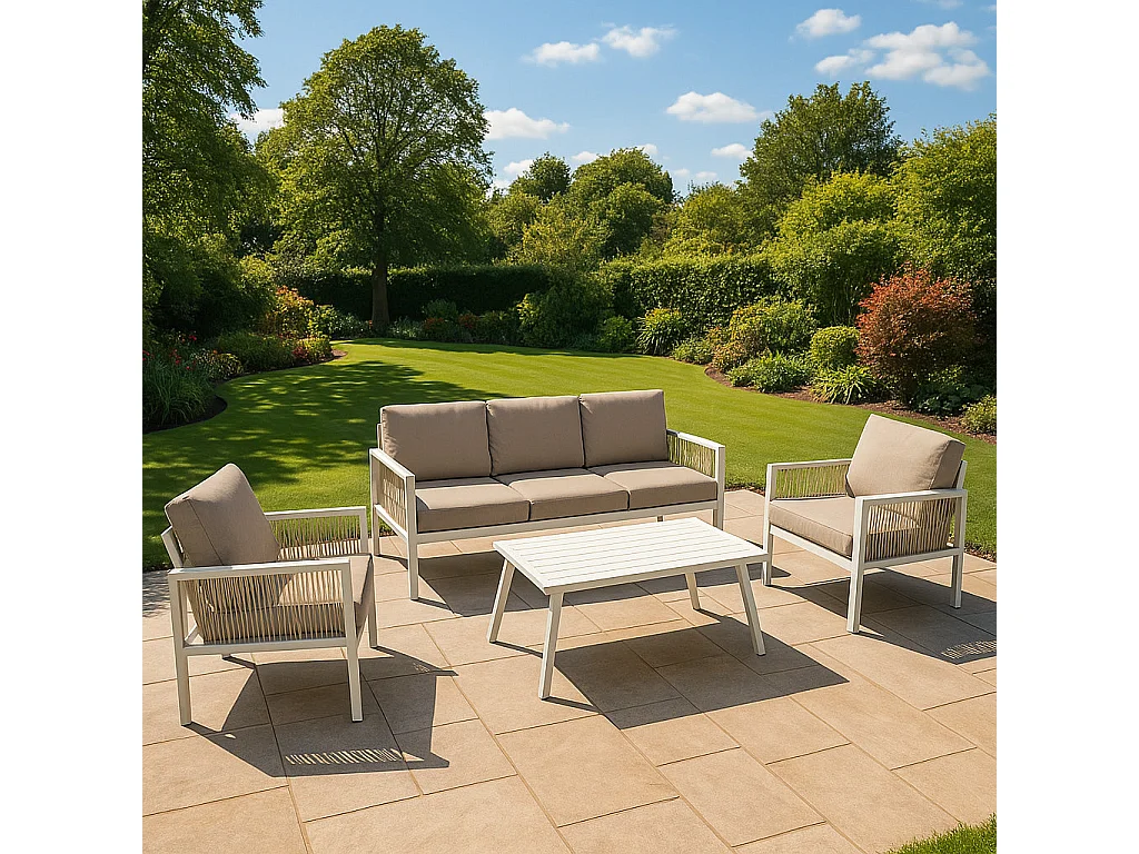 Ensemble de Jardin En Aluminium Blanc 4 Pièces Salon de 3 Places Extérieur Modulaire Fauteuils Table Basse (Housse de Pluie INCLUS)