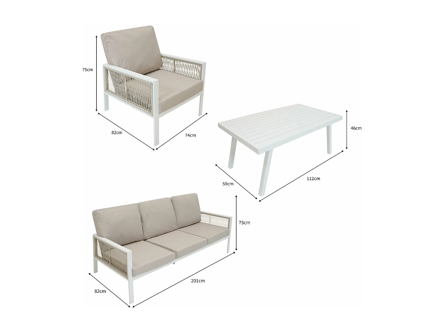 Ensemble de Jardin En Aluminium Blanc 4 Pièces Salon de 3 Places Extérieur Modulaire Fauteuils Table Basse (Housse de Pluie INCLUS)