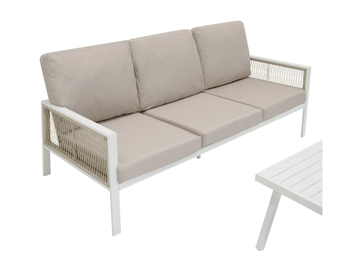 Ensemble de Jardin En Aluminium Blanc 4 Pièces Salon de 3 Places Extérieur Modulaire Fauteuils Table Basse (Housse de Pluie INCLUS)