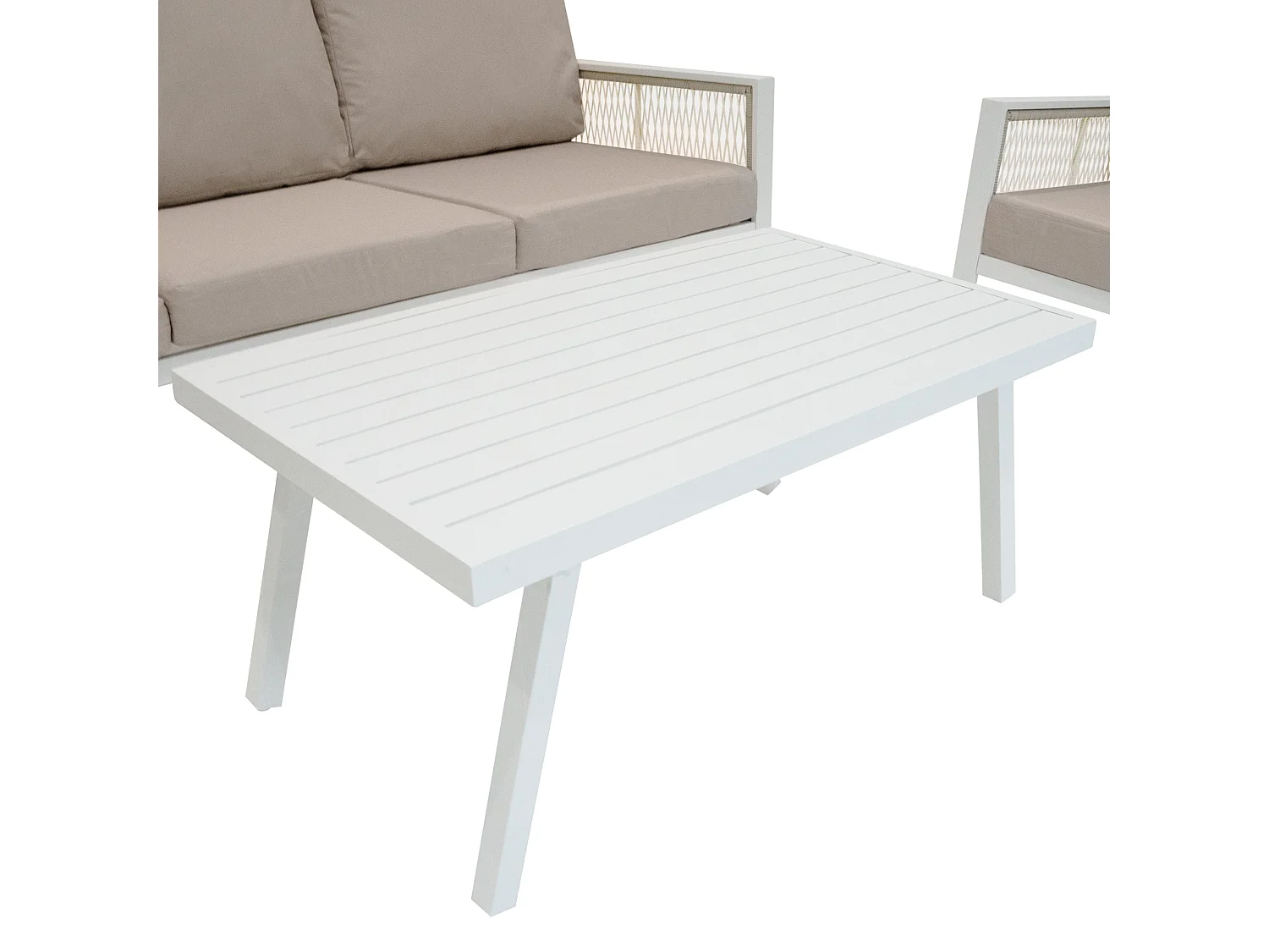Ensemble de Jardin En Aluminium Blanc 4 Pièces Salon de 3 Places Extérieur Modulaire Fauteuils Table Basse (Housse de Pluie INCLUS)