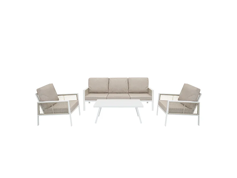 Ensemble de Jardin En Aluminium Blanc 4 Pièces Salon de 3 Places Extérieur Modulaire Fauteuils Table Basse (Housse de Pluie INCLUS)