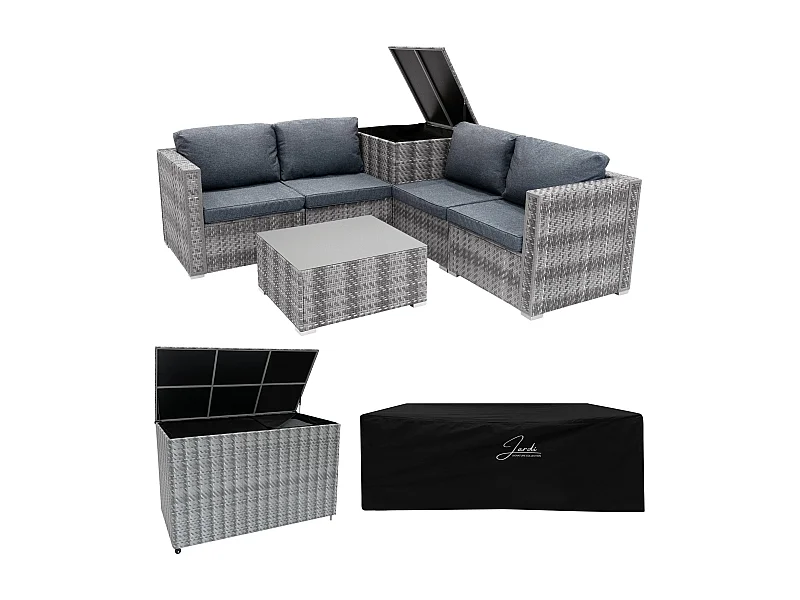 Rattan Modular Gartenmöbel 6-teiliges Set & 2 Aufbewahrungsboxen 996L 250L Marielle Grau 4-Sitzer Sofa Ecksofa Stühle mit Kissen, Tisch, Regenabdeckung