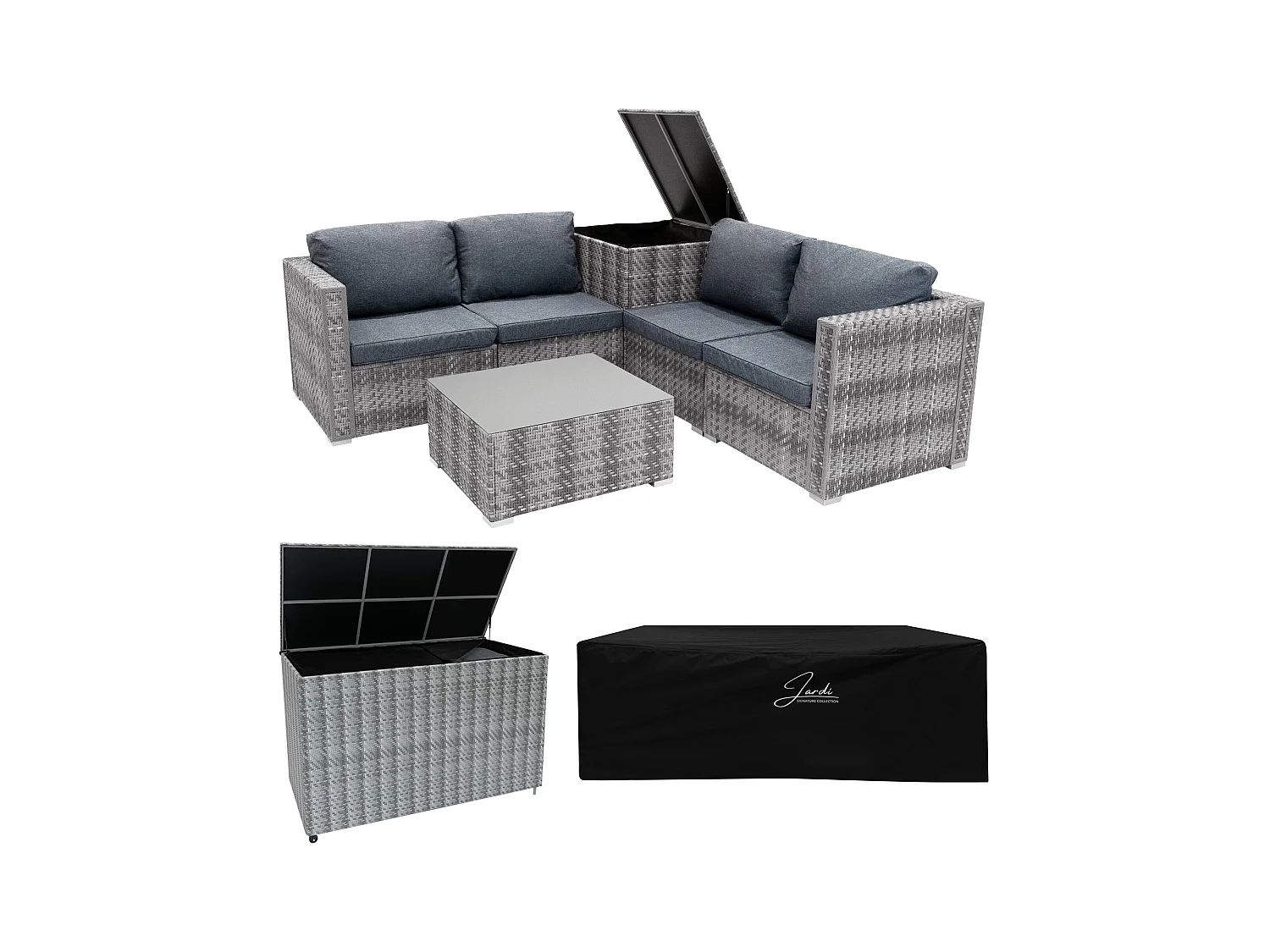 Rattan Modular Gartenmöbel 6-teiliges Set & 2 Aufbewahrungsboxen 996L 250L Marielle Grau 4-Sitzer Sofa Ecksofa Stühle mit Kissen, Tisch, Regenabdeckung