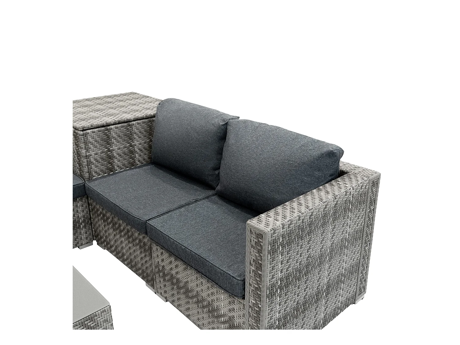 Rattan Modular Gartenmöbel 6-teiliges Set & 2 Aufbewahrungsboxen 996L 250L Marielle Grau 4-Sitzer Sofa Ecksofa Stühle mit Kissen, Tisch, Regenabdeckung