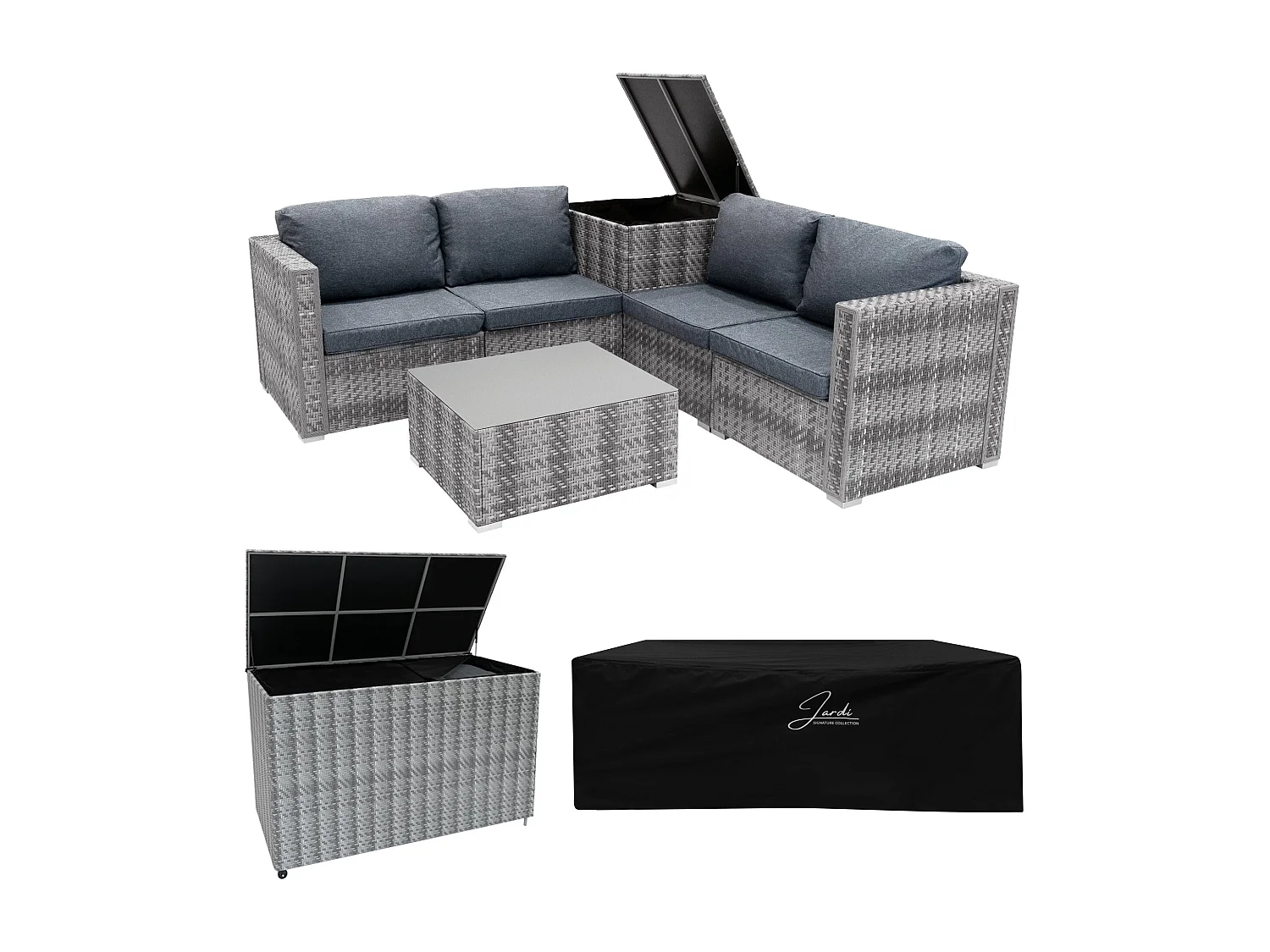 Rattan Modular Gartenmöbel 6-teiliges Set & 2 Aufbewahrungsboxen 996L 250L Marielle Grau 4-Sitzer Sofa Ecksofa Stühle mit Kissen, Tisch, Regenabdeckung