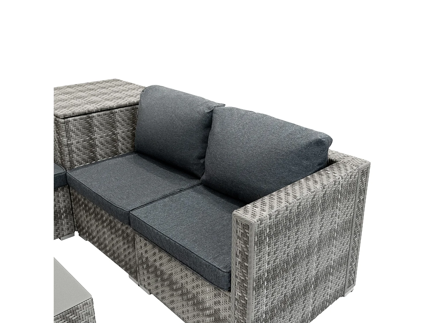 Rattan Modular Gartenmöbel 6-teiliges Set & 2 Aufbewahrungsboxen 996L 250L Marielle Grau 4-Sitzer Sofa Ecksofa Stühle mit Kissen, Tisch, Regenabdeckung