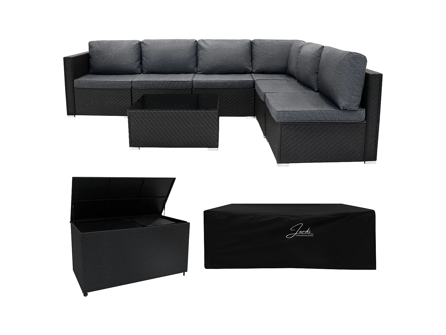 Salon de Jardin Modulaire en Rotin Noir 7 Pièces & Coffre de Rangement 700 L