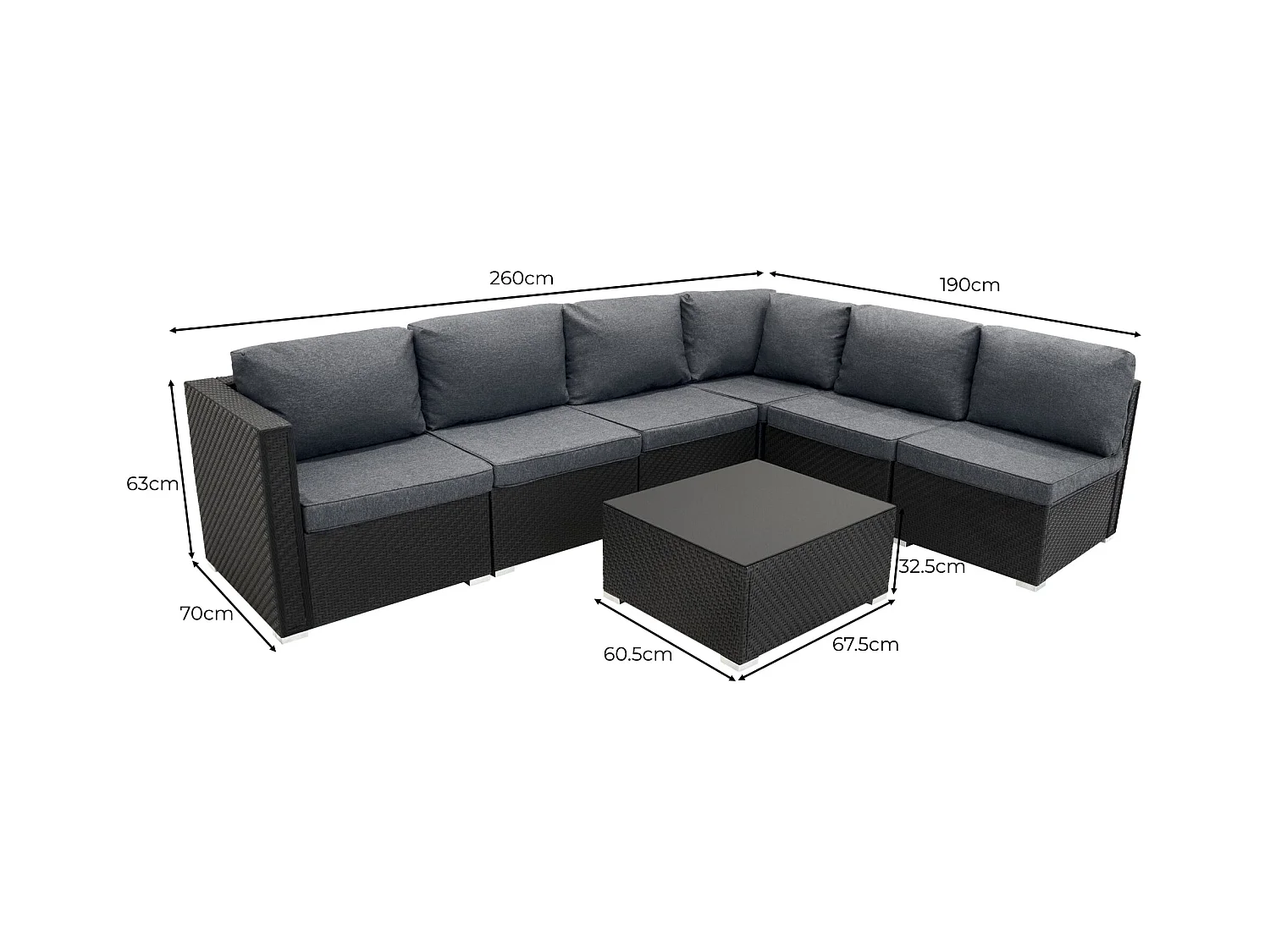 Salon de Jardin Modulaire en Rotin Noir 7 Pièces & Coffre de Rangement 700 L