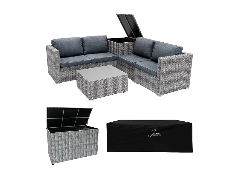 Rattan Modular Gartenmöbel 6-teiliges Set & 2 Aufbewahrungsboxen 700L 250L Marielle Grau 4-Sitzer Sofa Ecksofa Stühle mit Kissen, Tisch, Regenabdeckung