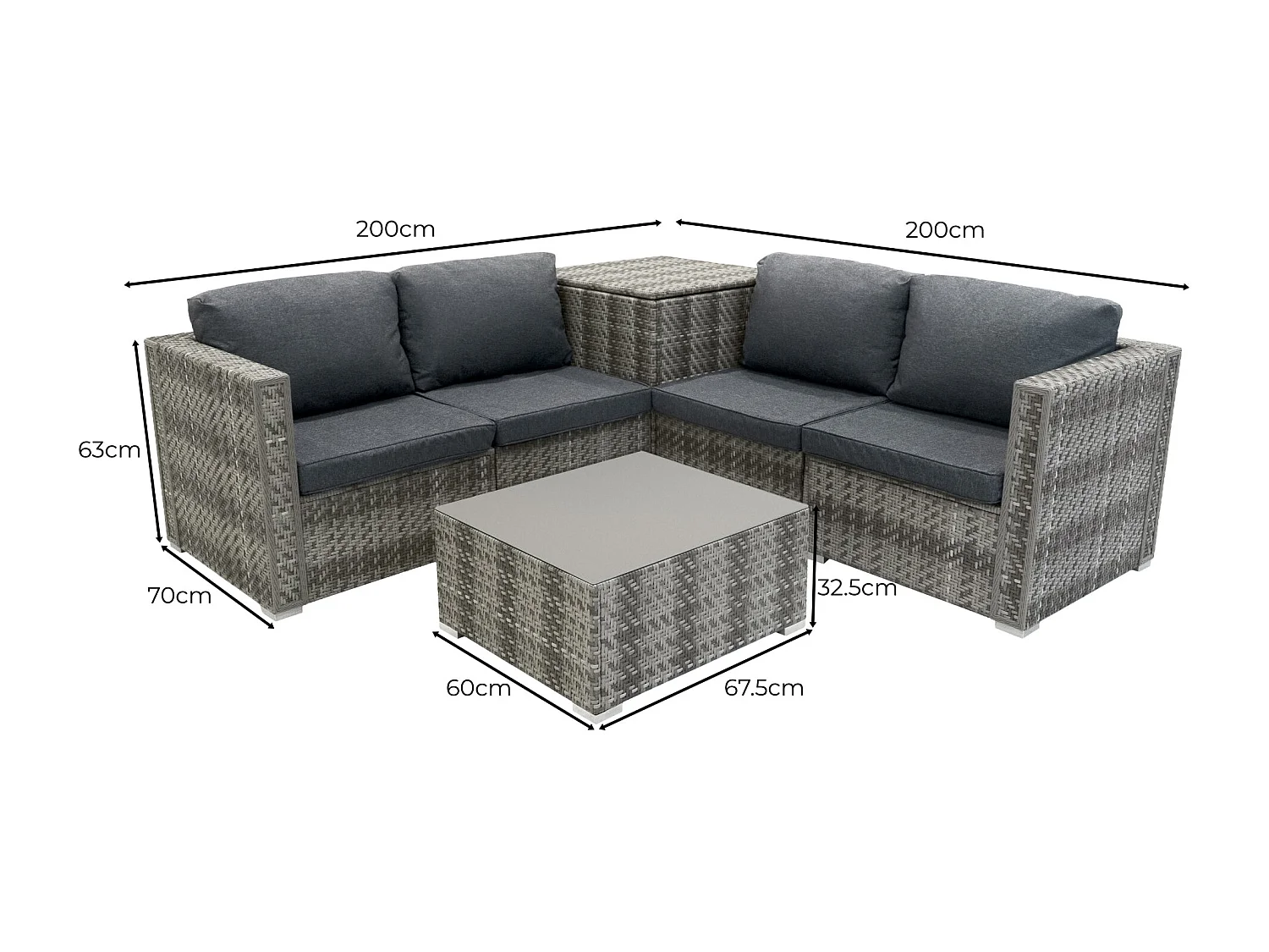 Salon de Jardin Modulaire en Rotin Gris 6 Pièces Canapé & 2 Coffres de Rangement