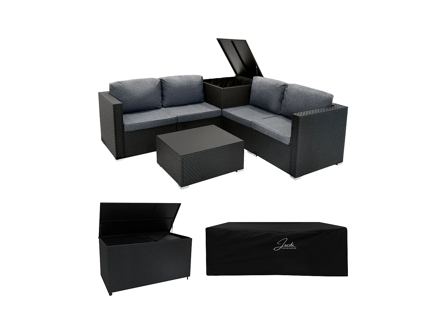 Salon de Jardin Modulaire en Rotin Noir 6 Pièces Canapé & 2 Coffres de Rangement