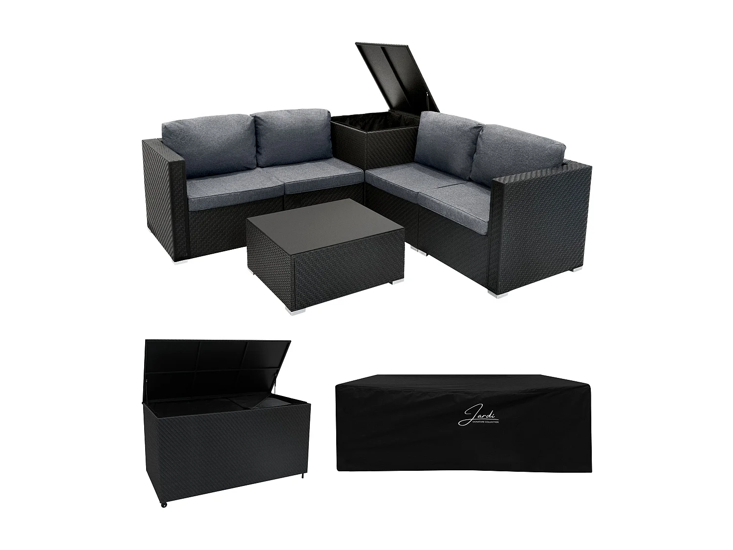 Rotan Modulaire 6-Delige Meubelset & 700L Opbergbox - Zwart