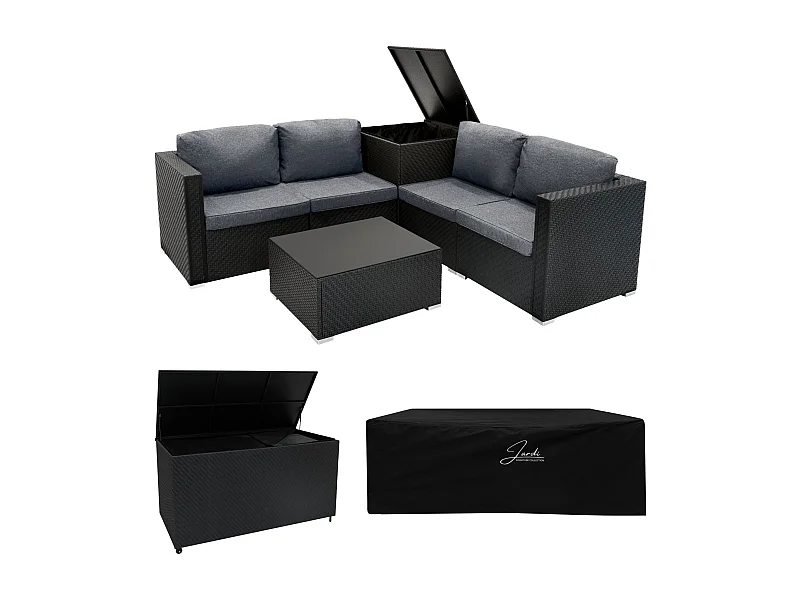 Rotan Modulaire 6-Delige Meubelset & 700L Opbergbox - Zwart