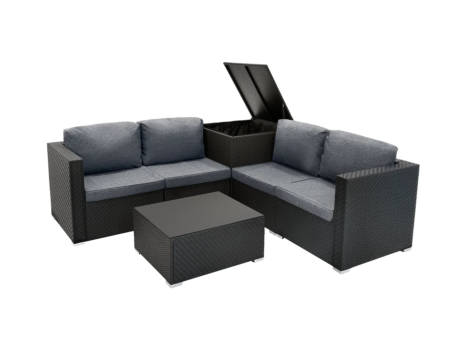 Salon de Jardin Modulaire en Rotin Noir 6 Pièces Canapé Coussins Table Basse