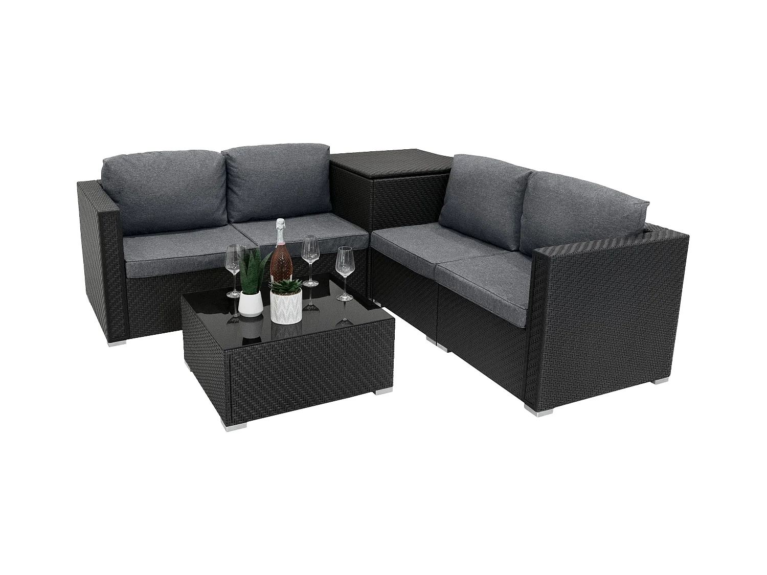 Salon de Jardin Modulaire en Rotin Noir 6 Pièces Canapé Coussins Table Basse