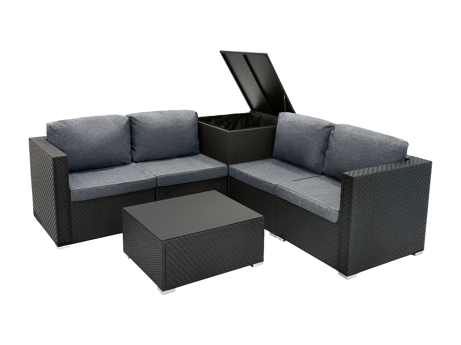 Salon de Jardin Modulaire en Rotin Noir 6 Pièces Canapé Coussins Table Basse