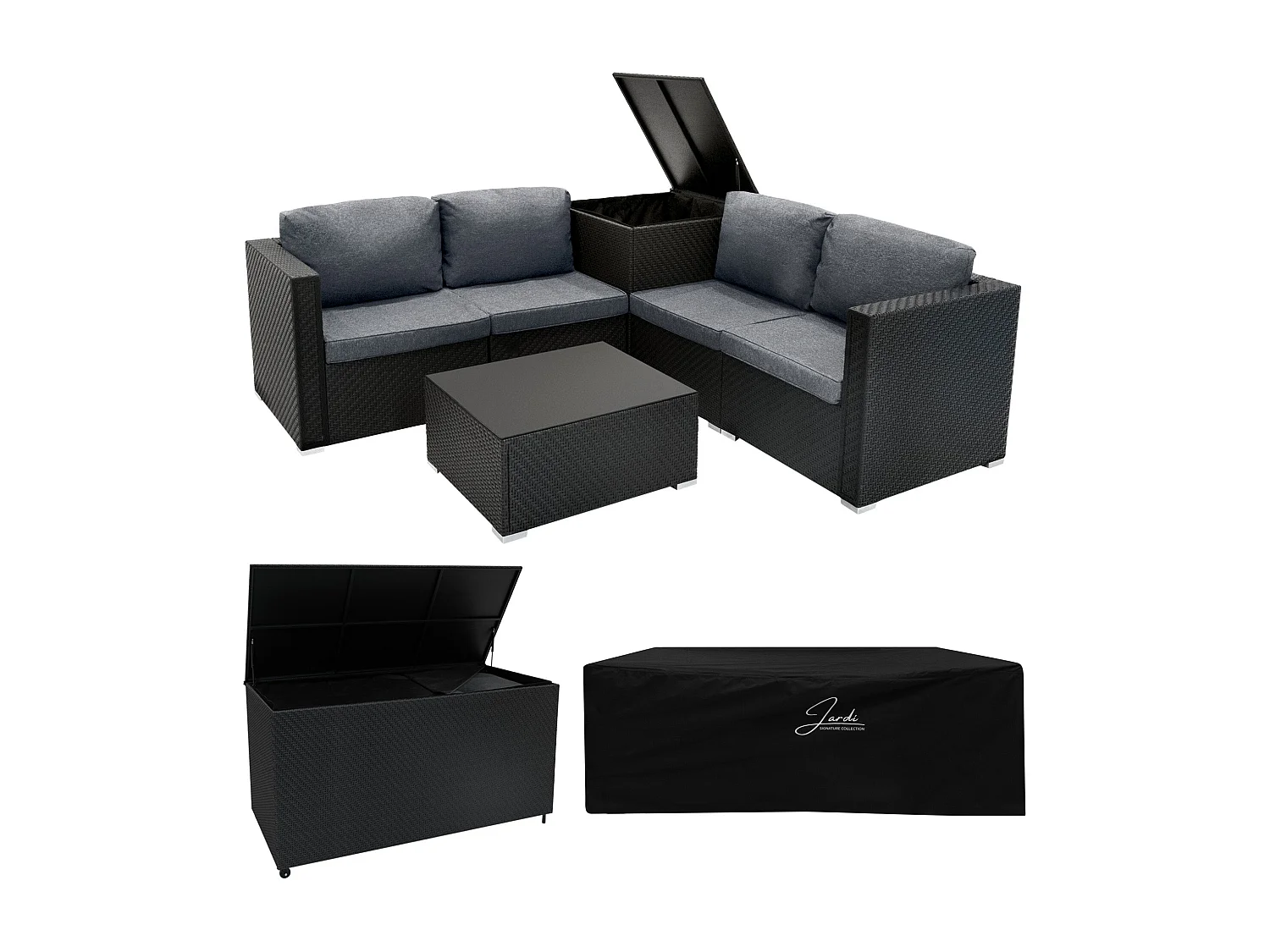 Salon de Jardin Modulaire en Rotin Noir 6 Pièces Canapé & 2 Coffres de Rangement