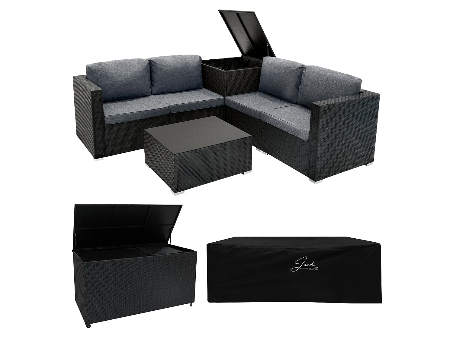 Rattan Modular 6 Piece Furniture Set & 996L Storage Box – Black