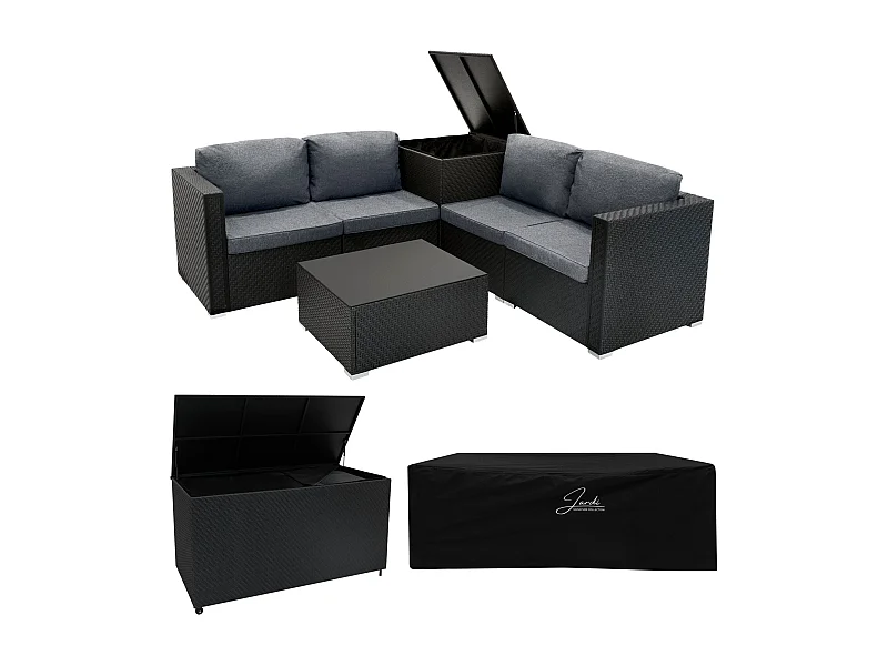 Zestaw mebli modułowych z rattanu, 6 elementów i skrzynia do przechowywania 996 l – czarny
