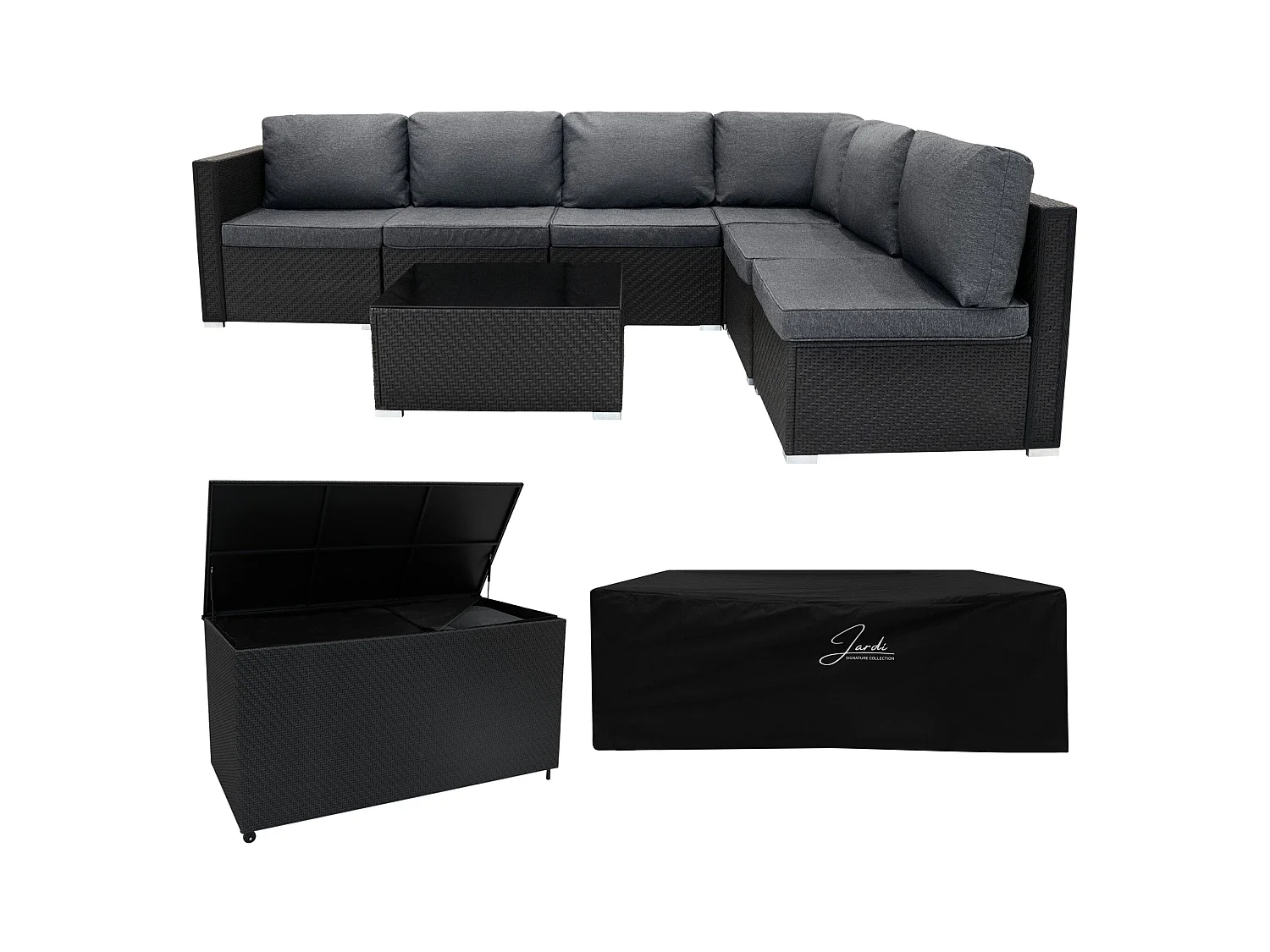 Rattan Gartenmöbel 7-teiliges Set & 996L Aufbewahrungsbox Serafina Schwarz 5-Sitzer Sofa Ecksofa Stühle mit Kissen, Tisch, Regenabdeckung