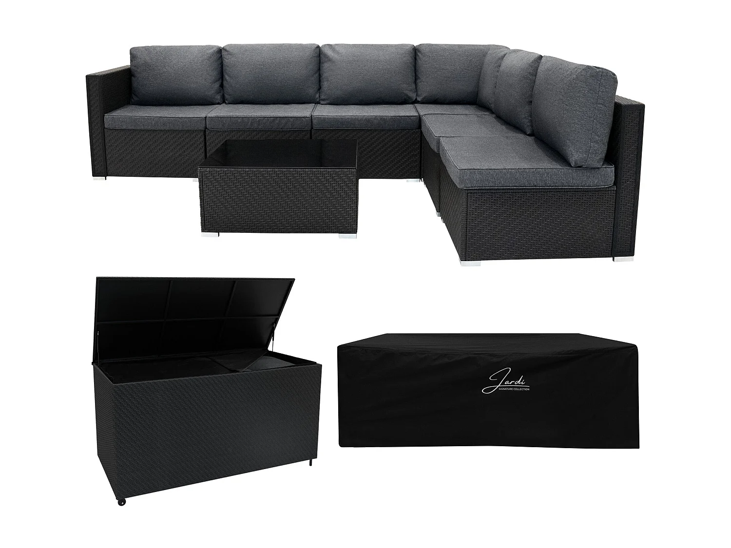 Salon de Jardin Modulaire en Rotin Noir 7 Pièces & Coffre de Rangement 996 L