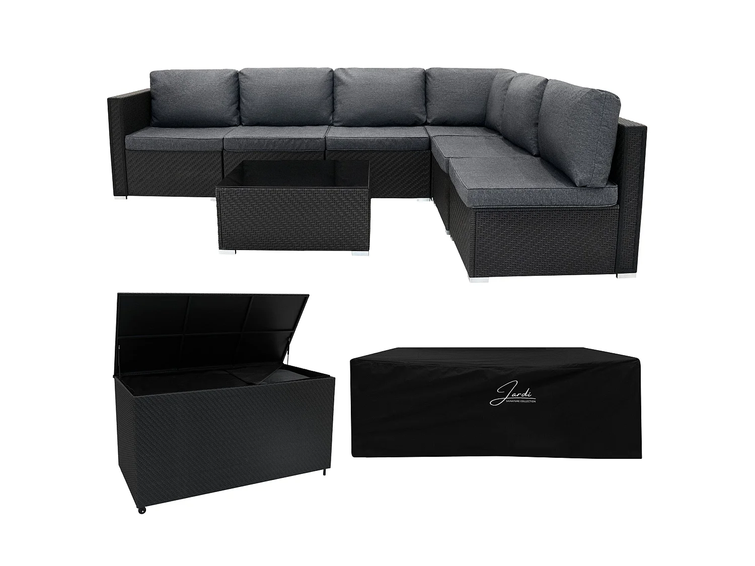 Rattan Modular 7 Piece Furniture Set & 996L Storage Box - Black