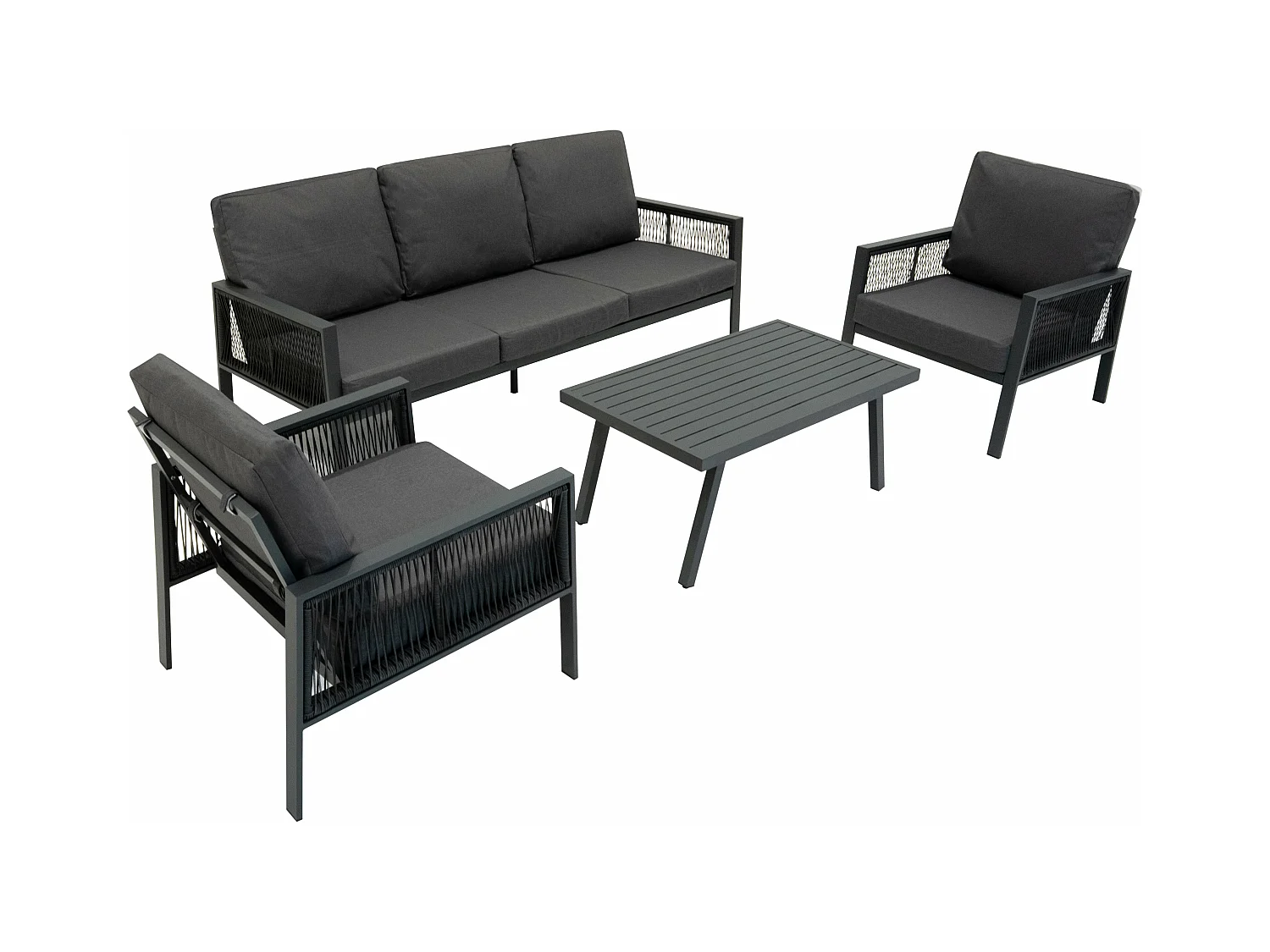 Ensemble de Jardin En Aluminium Gris 4 Pièces Salon de 3 Places Extérieur Modulaire Fauteuils Table Basse (Housse de Pluie INCLUS)