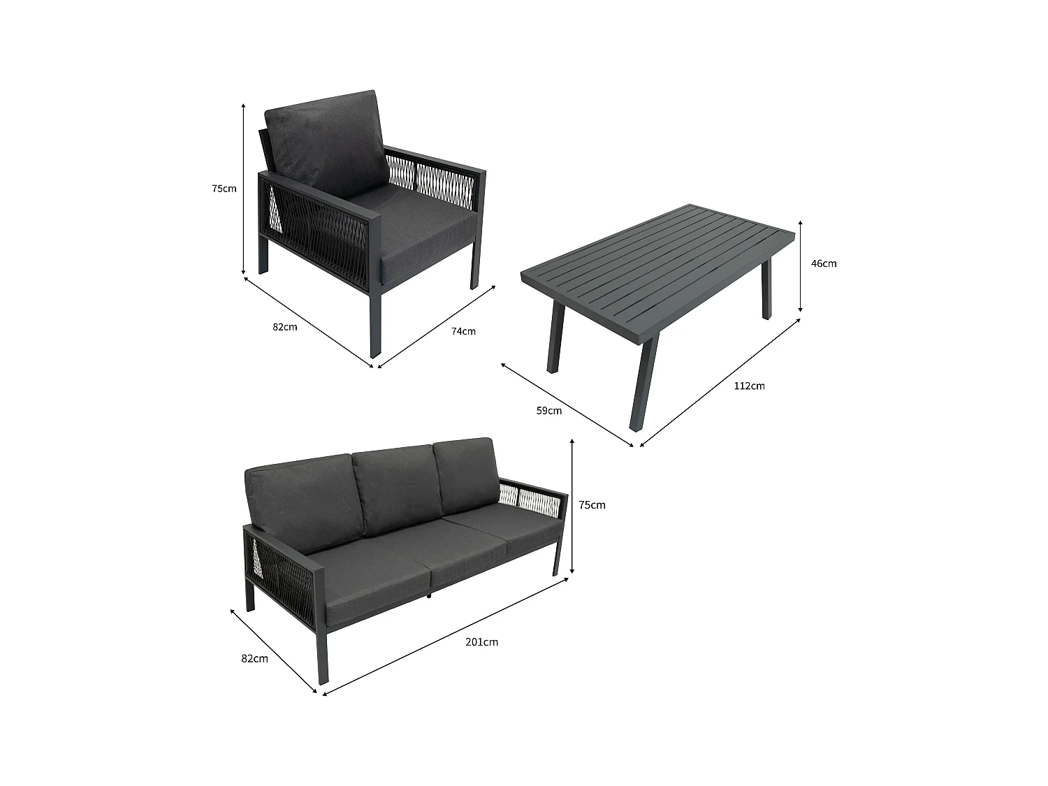 Ensemble de Jardin En Aluminium Gris 4 Pièces Salon de 3 Places Extérieur Modulaire Fauteuils Table Basse (Housse de Pluie INCLUS)