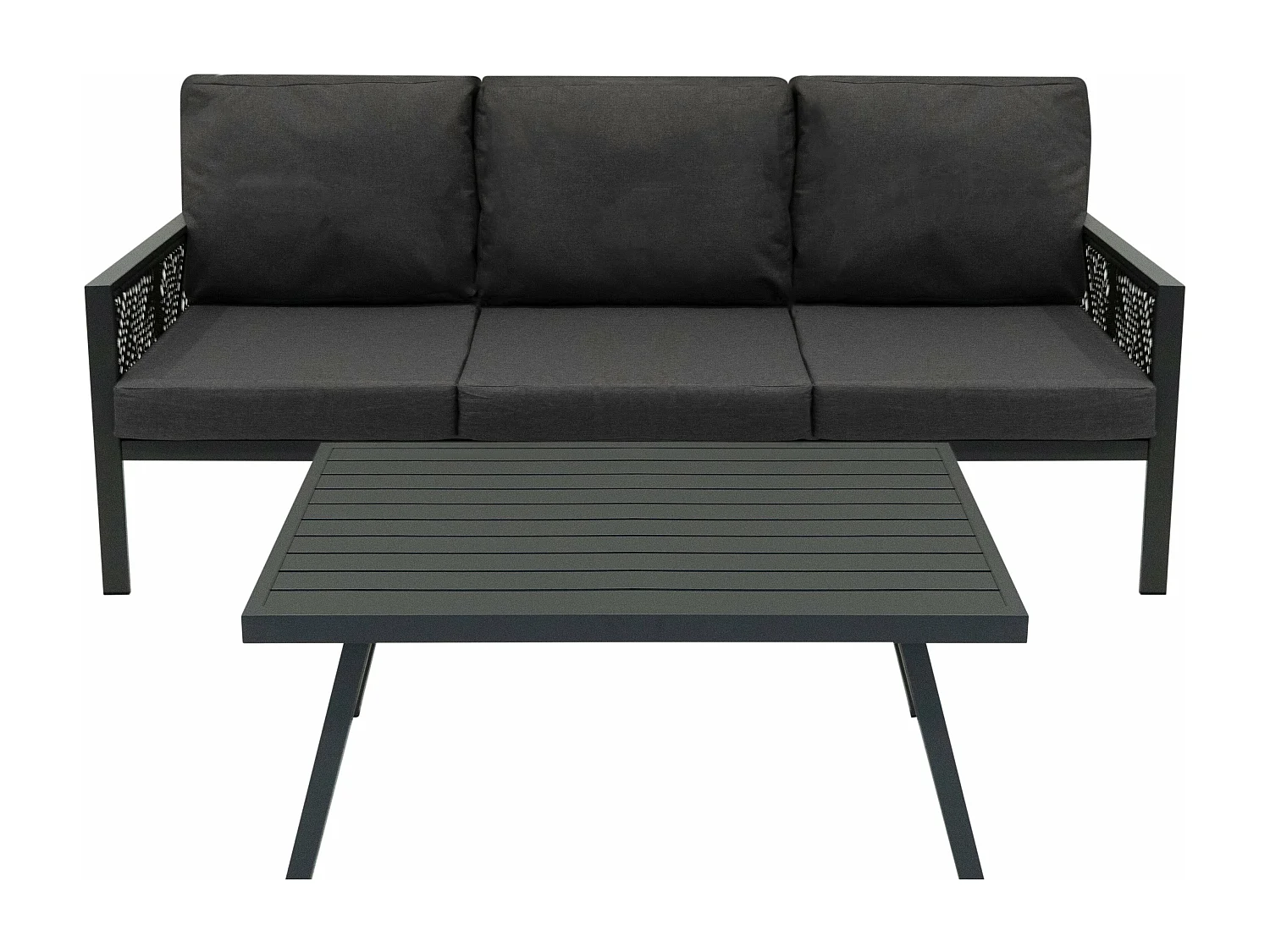 Ensemble de Jardin En Aluminium Gris 4 Pièces Salon de 3 Places Extérieur Modulaire Fauteuils Table Basse (Housse de Pluie INCLUS)