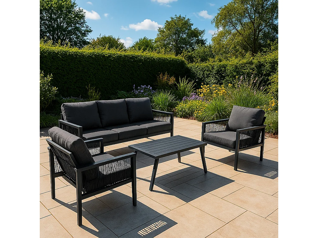 Ensemble de Jardin En Aluminium Gris 4 Pièces Salon de 3 Places Extérieur Modulaire Fauteuils Table Basse (Housse de Pluie INCLUS)