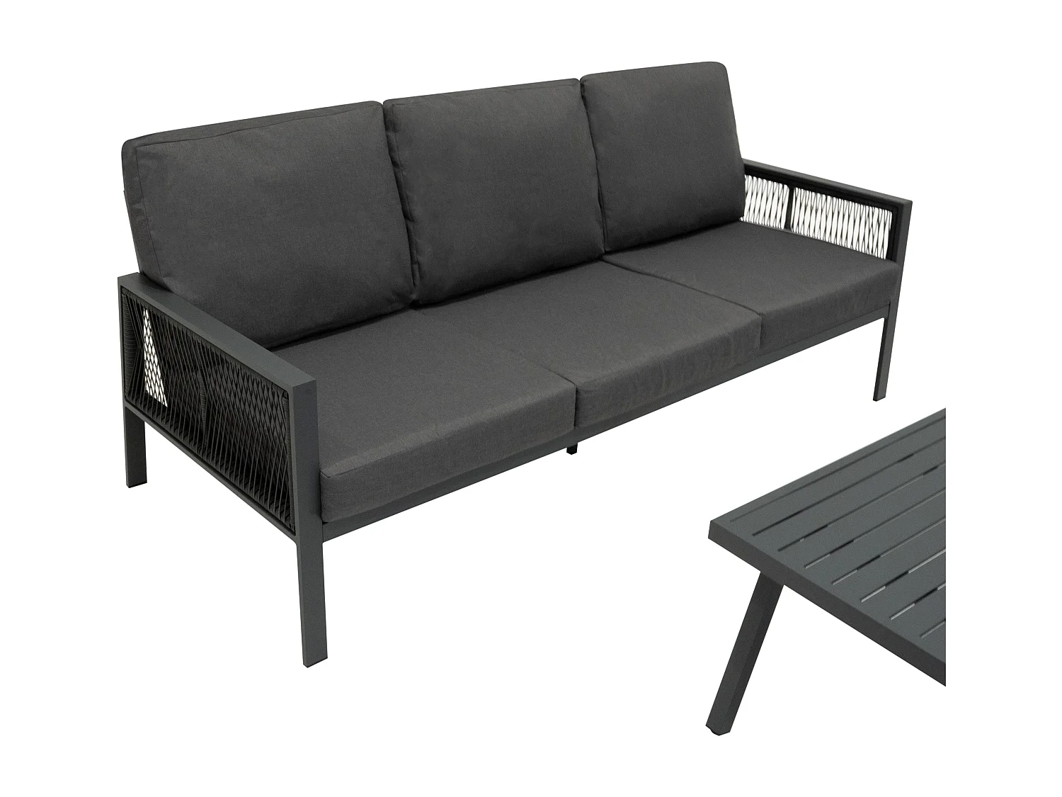 Ensemble de Jardin En Aluminium Gris 4 Pièces Salon de 3 Places Extérieur Modulaire Fauteuils Table Basse (Housse de Pluie INCLUS)