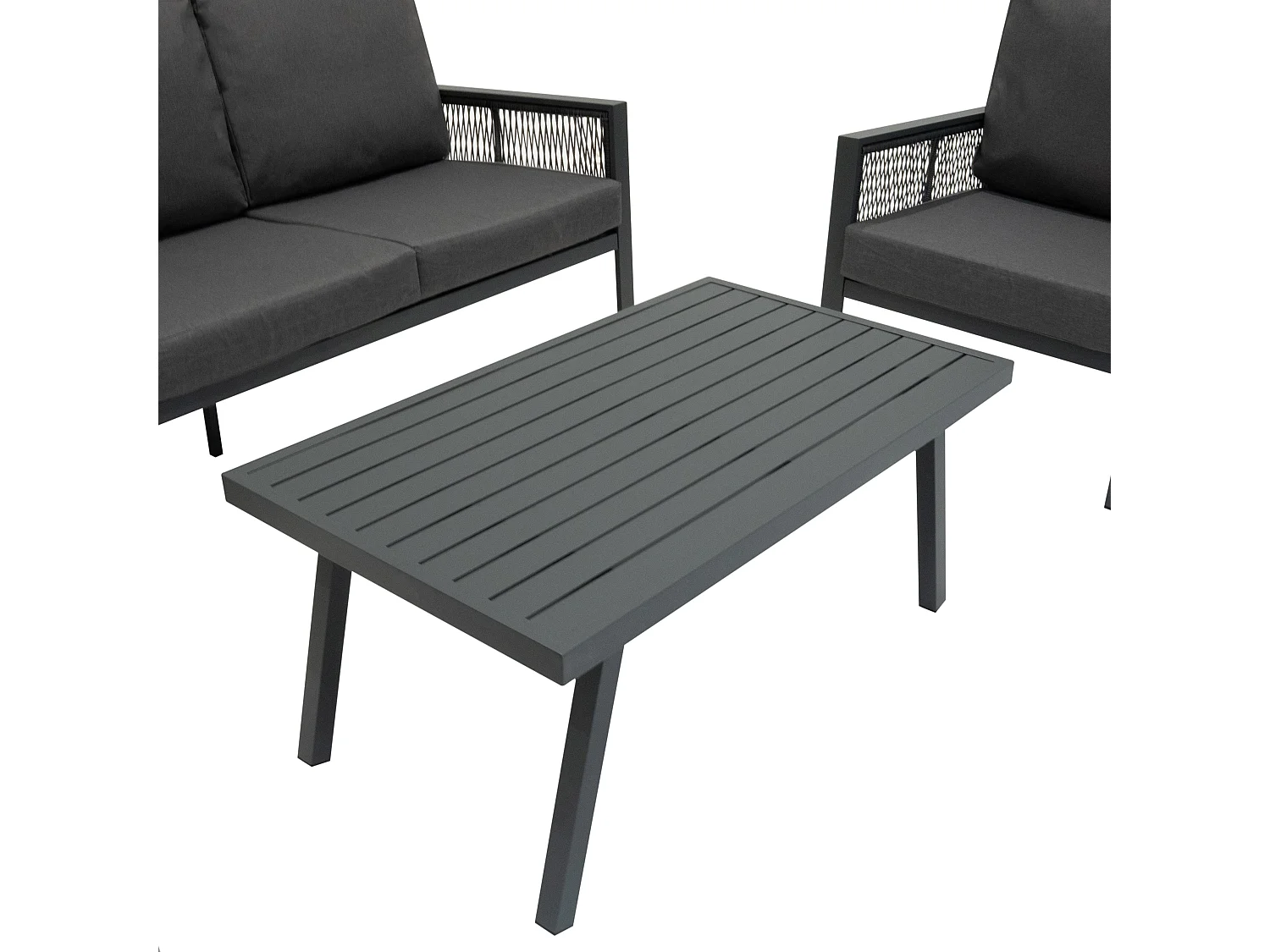 Ensemble de Jardin En Aluminium Gris 4 Pièces Salon de 3 Places Extérieur Modulaire Fauteuils Table Basse (Housse de Pluie INCLUS)
