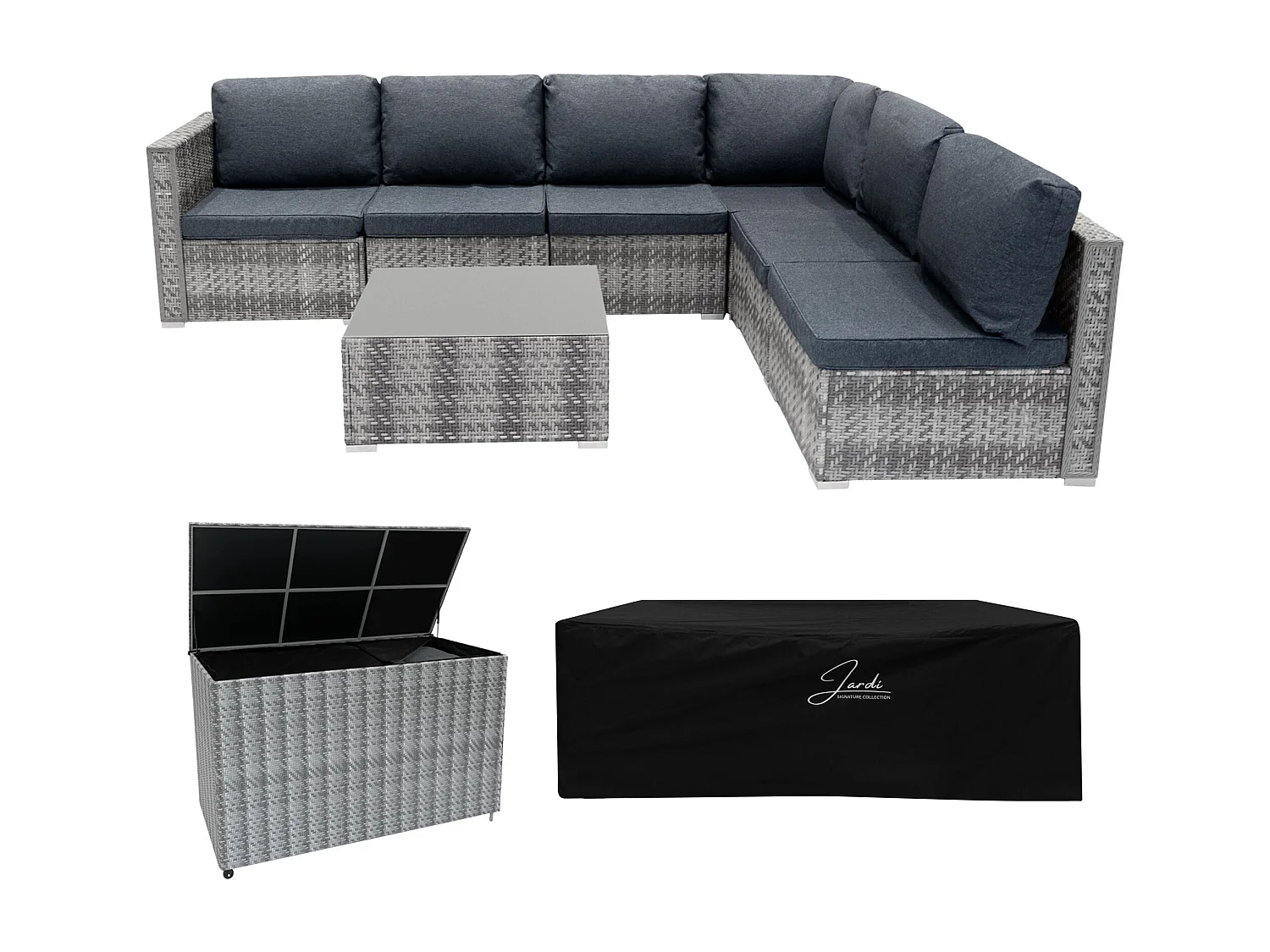 Rattan Gartenmöbel 7-teiliges Set & 700L Aufbewahrungsbox Marielle Grau 5-Sitzer Sofa Ecksofa Stühle mit Kissen, Tisch, Regenabdeckung