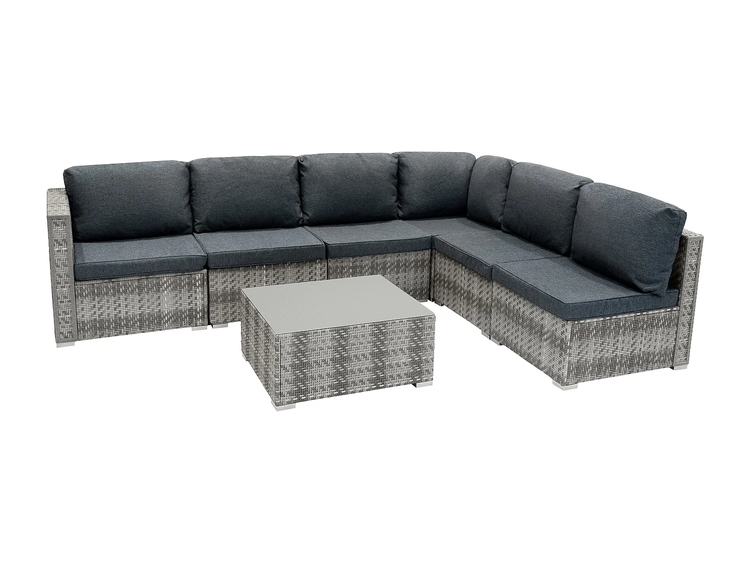 Rattan Gartenmöbel 7-teiliges Set & 700L Aufbewahrungsbox Marielle Grau 5-Sitzer Sofa Ecksofa Stühle mit Kissen, Tisch, Regenabdeckung