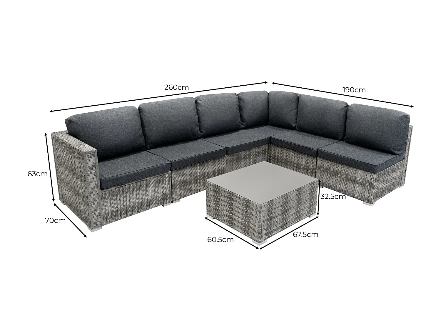 Rattan Gartenmöbel 7-teiliges Set & 700L Aufbewahrungsbox Marielle Grau 5-Sitzer Sofa Ecksofa Stühle mit Kissen, Tisch, Regenabdeckung