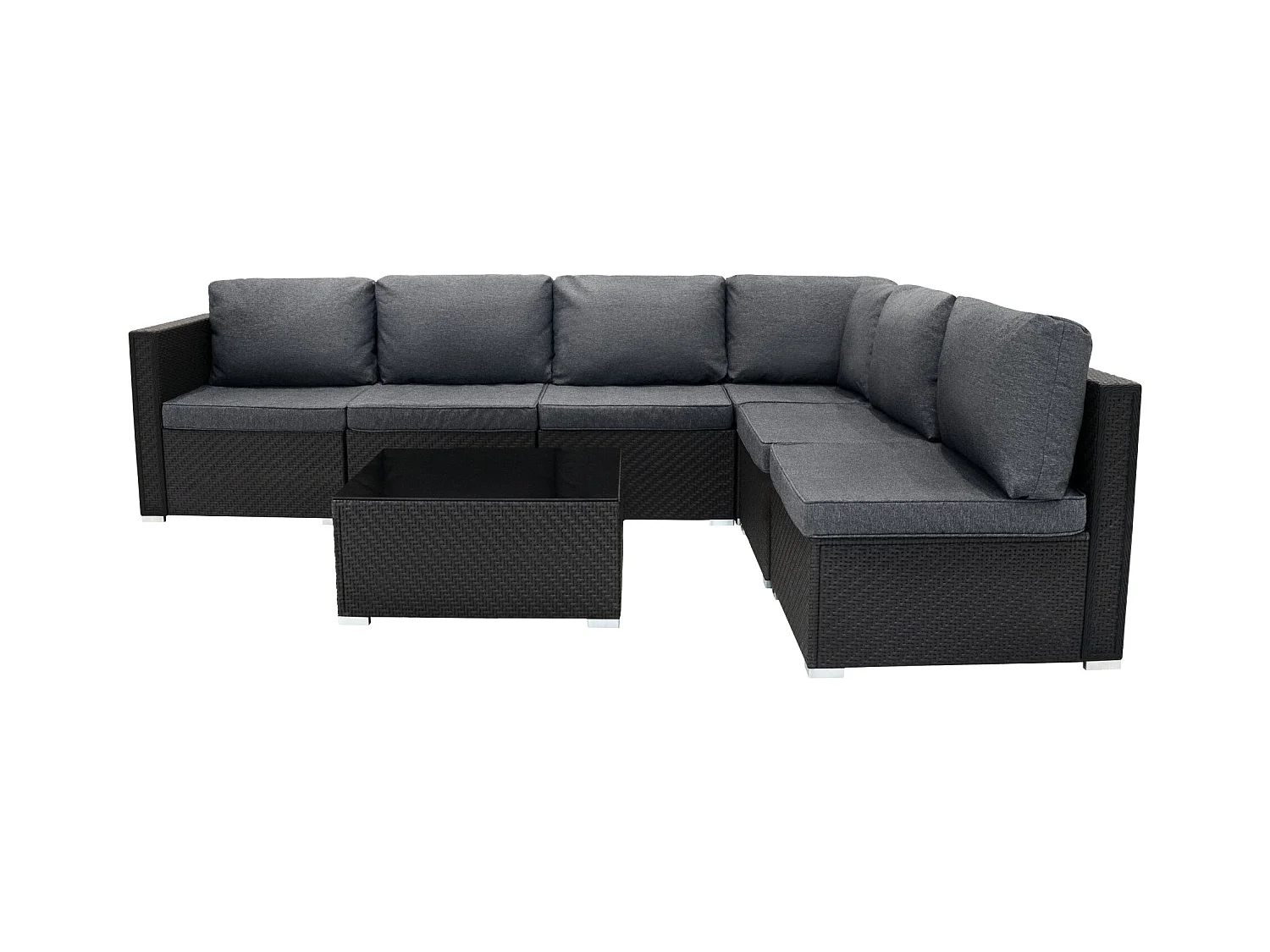 Salon de Jardin Modulaire en Rotin Noir 7 Pièces Canapé Coussins Table Basse