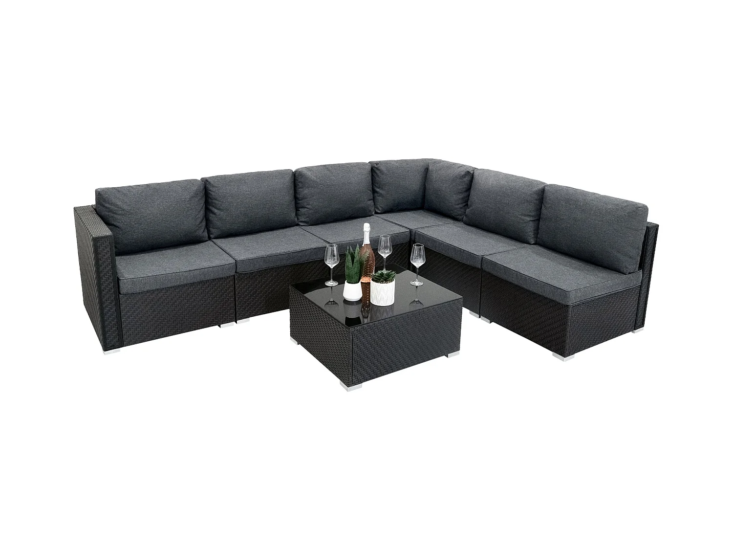 Salon de Jardin Modulaire en Rotin Noir 7 Pièces Canapé Coussins Table Basse