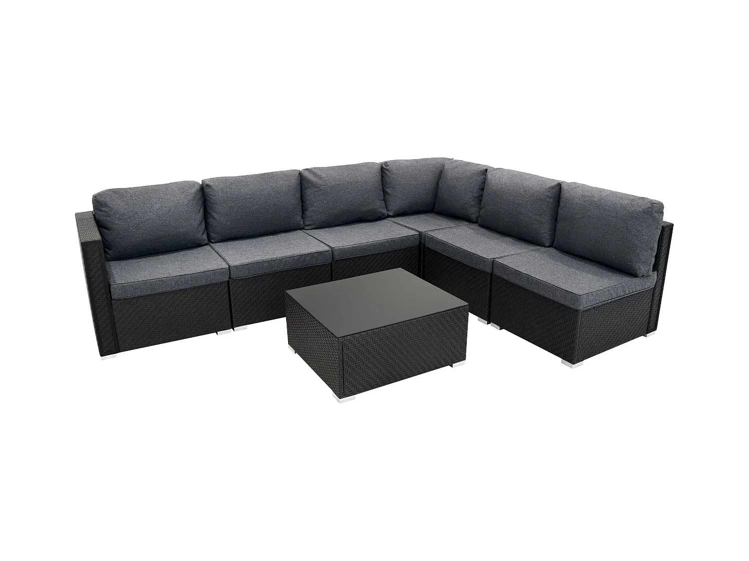 Rattan Modulares Gartenmöbel 7-teiliges Set Serafina Schwarz, 5-Sitzer Sofa, Eckstühle mit Kissen, Tisch mit Glasplatte, wasserdichte Abdeckung
