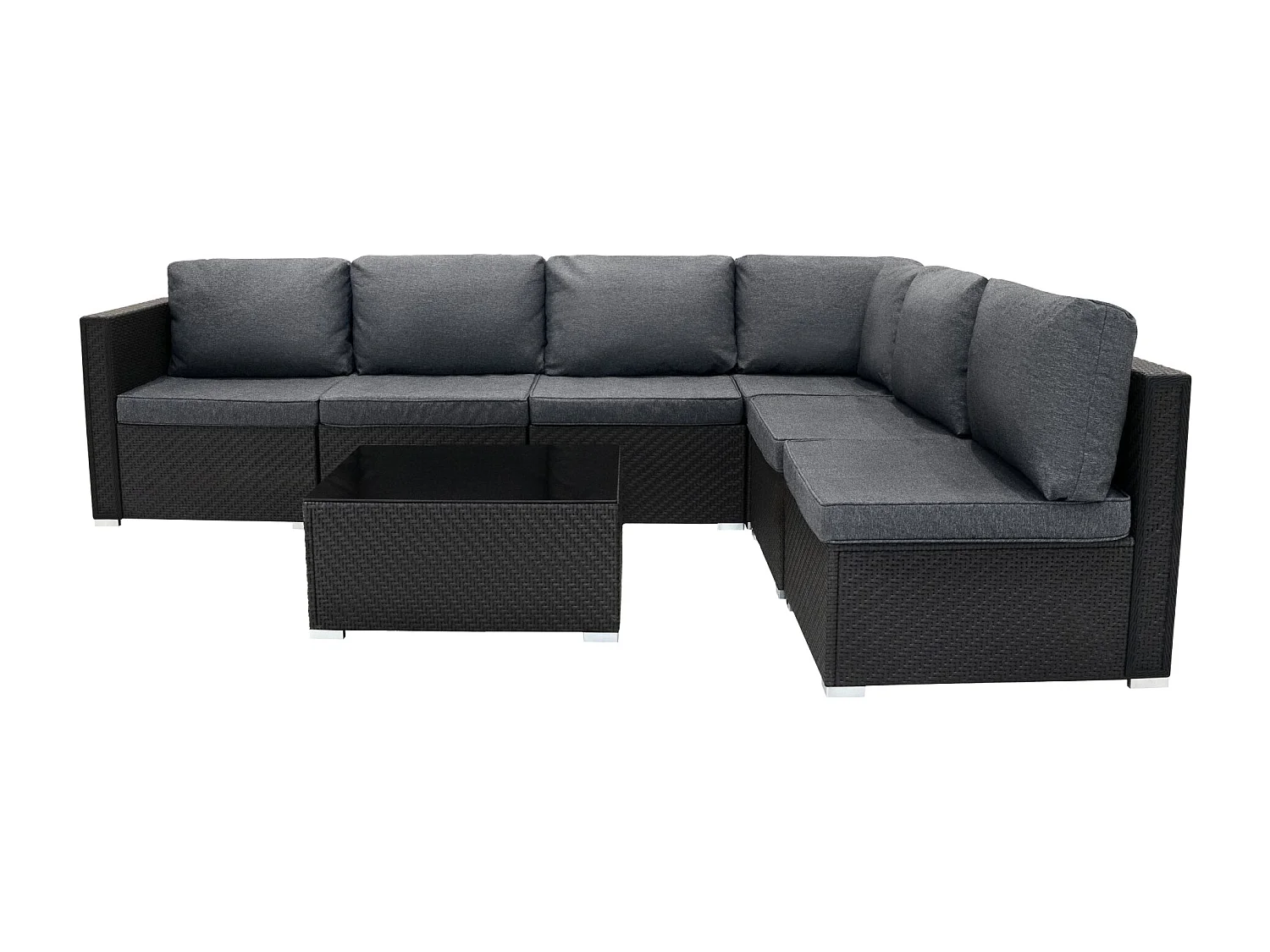 Salon de Jardin Modulaire en Rotin Noir 7 Pièces Canapé Coussins Table Basse