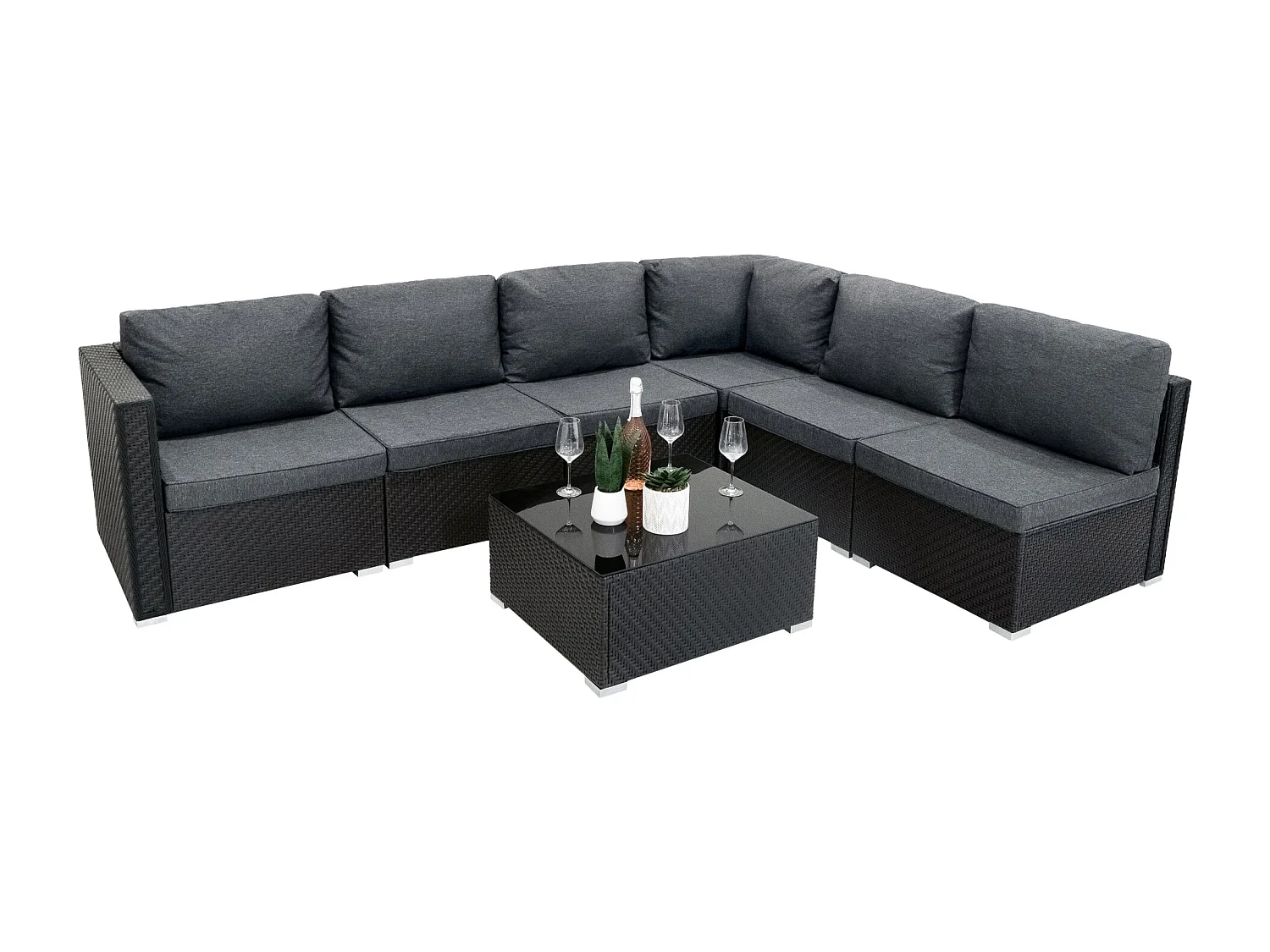 Salon de Jardin Modulaire en Rotin Noir 7 Pièces Canapé Coussins Table Basse