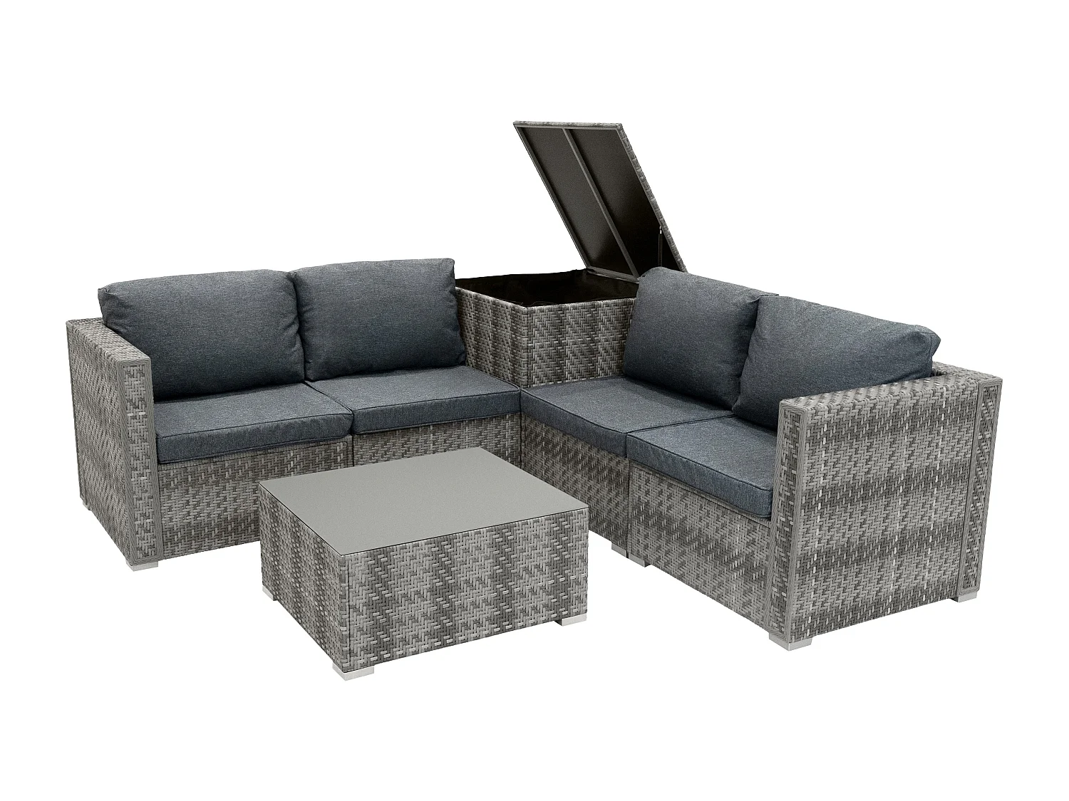 Salon de Jardin Modulaire en Rotin Gris 6 Pièces Canapé Coussins Table Basse